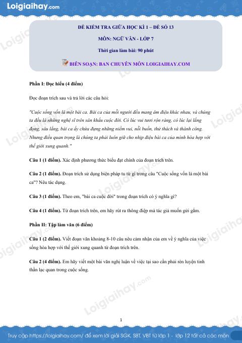 Đề thi giữa kì 1 Văn 7 - Đề số 13